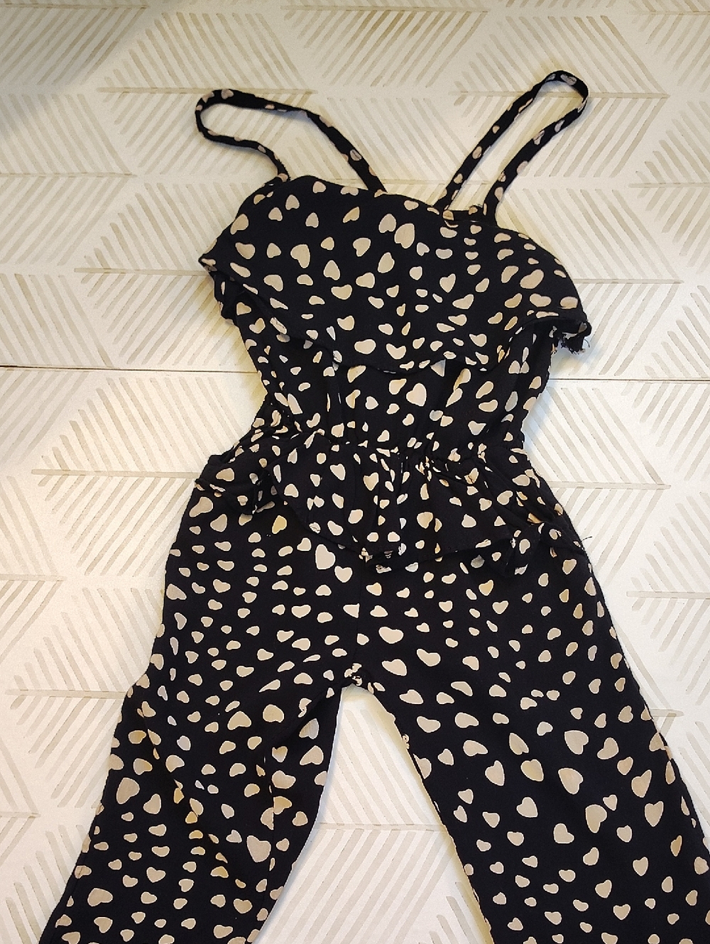 Black Heart Print Jumpsuit with Beige Hearts Size 3